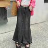 Women Skirt A-line Big Swing Denim Retro Pockets Patchwork Solid Color High Waist Button Zipper Closure Ankle Length Ripped Edge Lady Maxi Skirt