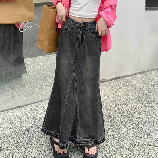 Women Skirt A-line Big Swing Denim Retro Pockets Patchwork Solid Color High Waist Button Zipper Closure Ankle Length Ripped Edge Lady Maxi Skirt