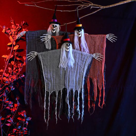 Halloween Hanging Skull Realistic Skull Ghost Decoration with Long Hair Poseable Wire Spooky Hanging Skeleton Prop for Halloween Party