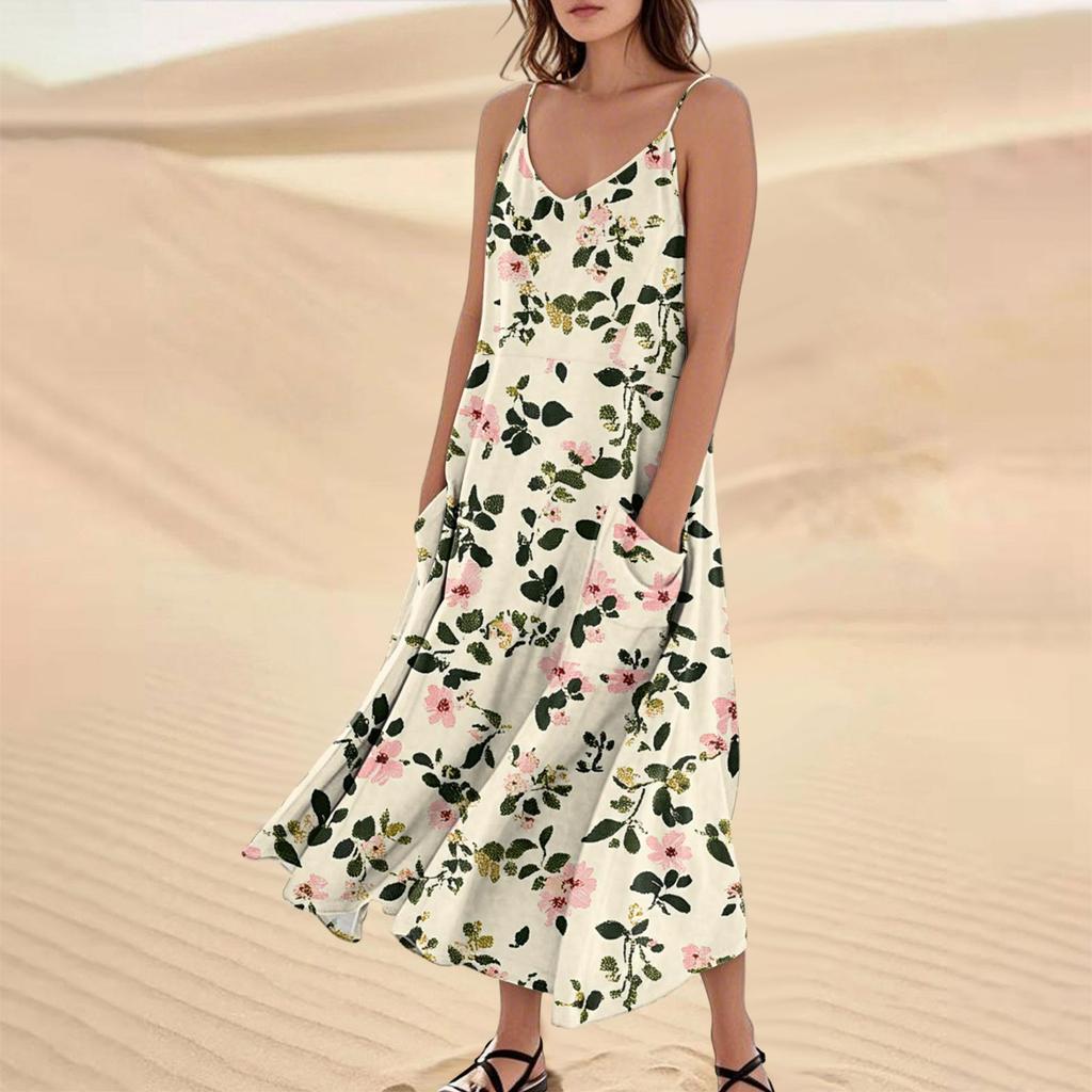 Женское модное повседневное длинное пляжное платье без рукавов с карманом и цветочным принтом