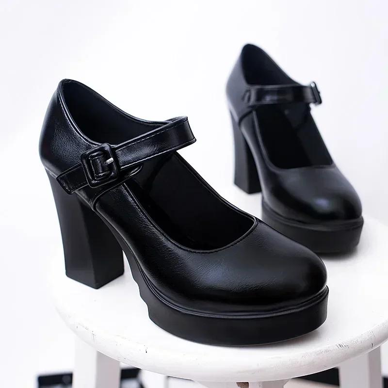 2024 Women's Shoes High Heels Women's Solid Color Thick Sole New Spring Light Buckle Solid Color Women's Round Toe Shoes
