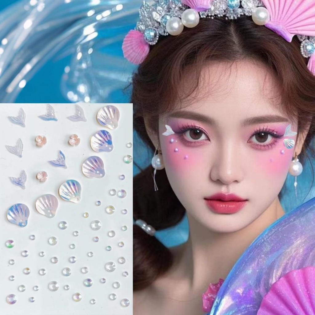 Наклейки на лицо со стразами «Принцесса-Русалка» для детей - Нетоксичные, с пайетками, дизайн «Хвост Ракушки» для сценического макияжа