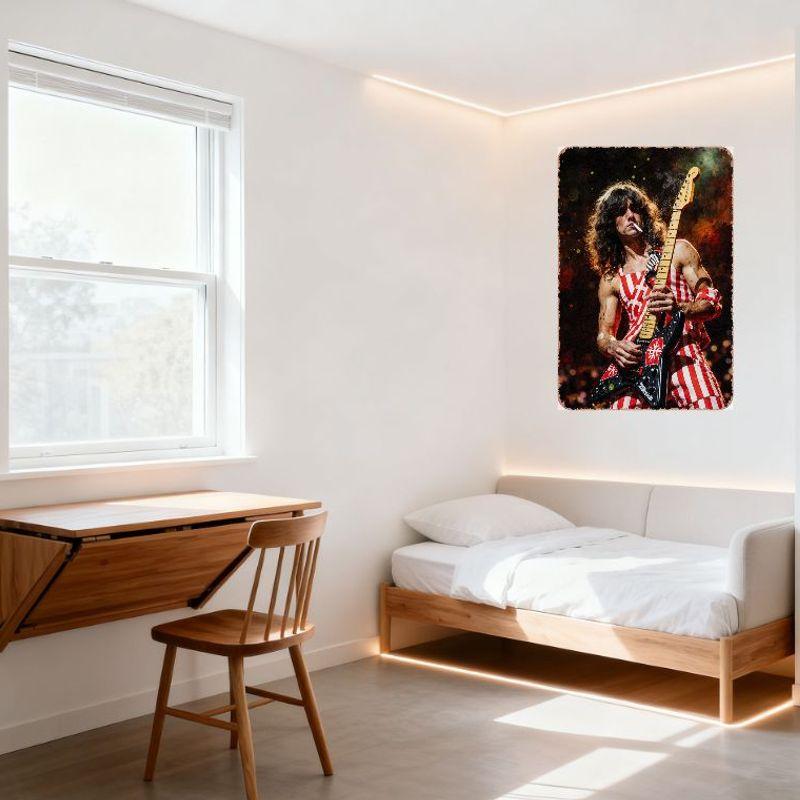 Мускулистый мужчина с длинными каштановыми волосами, играющий на черной электрогитаре, винтажная жестяная табличка с логотипами красных звезд для концерта, мужской пещеры, бара, дома Де