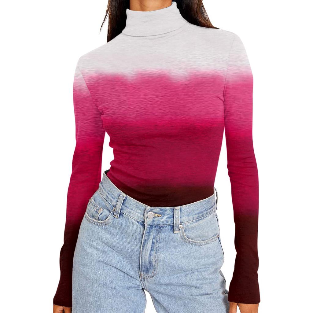 Women's Turtleneck Long Sleeve Shirts Printed Fall Fashion Basic Slim Fit Soft Thermal Tops