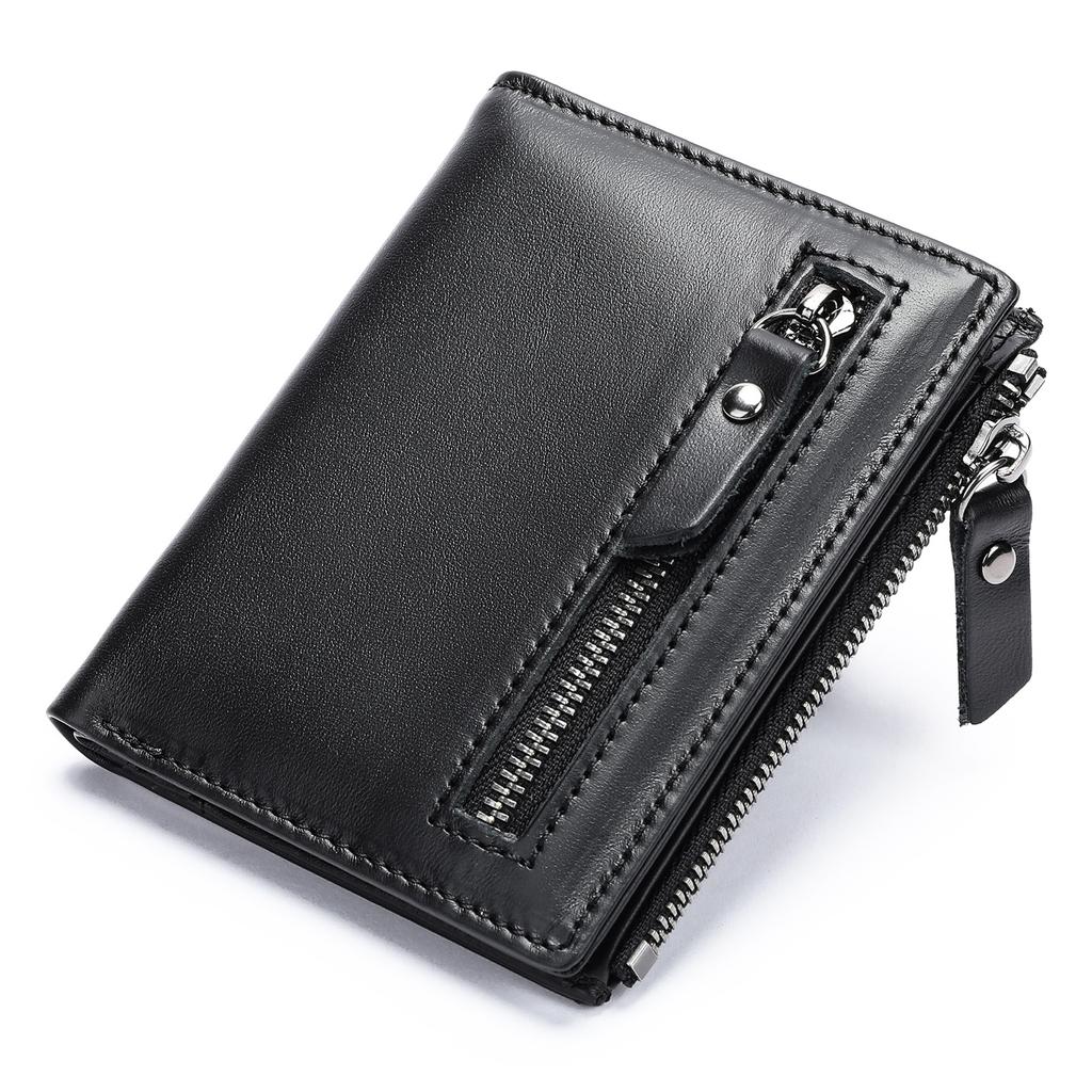 Men's Genuine Oil Waxed Leather Wallet Rfid Anti-theft Swipe Card Bag Multi-card Position Retro Personalized Zipper Wallet