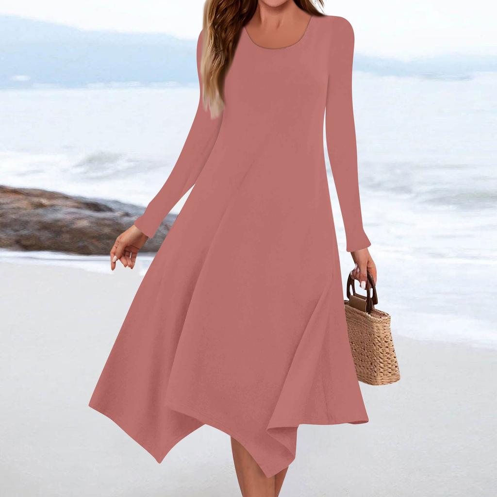 Women's Casual Fashion Round Neck Long Sleeve Solid Color Irregular Hem Midi Dress