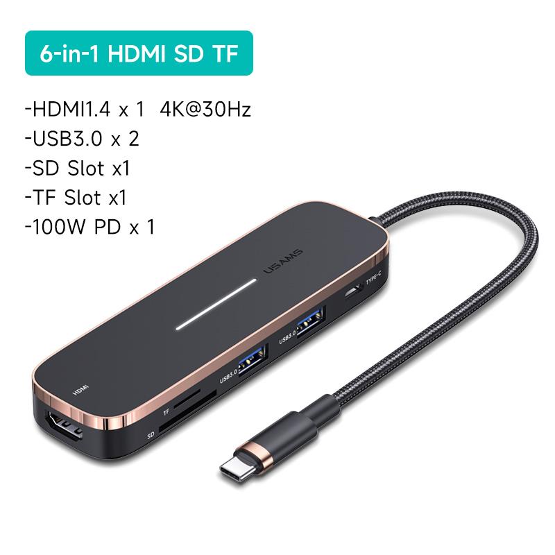 USAMS Концентратор 6 в 1 PD, 100 Вт, тип C, USB C-HDMI, совместимый 1,4, USB3.0, слот TF SD, концентратор, разветвитель док-станции, адаптер-концентратор 5 в 1 для ноутбука MacBook iPad