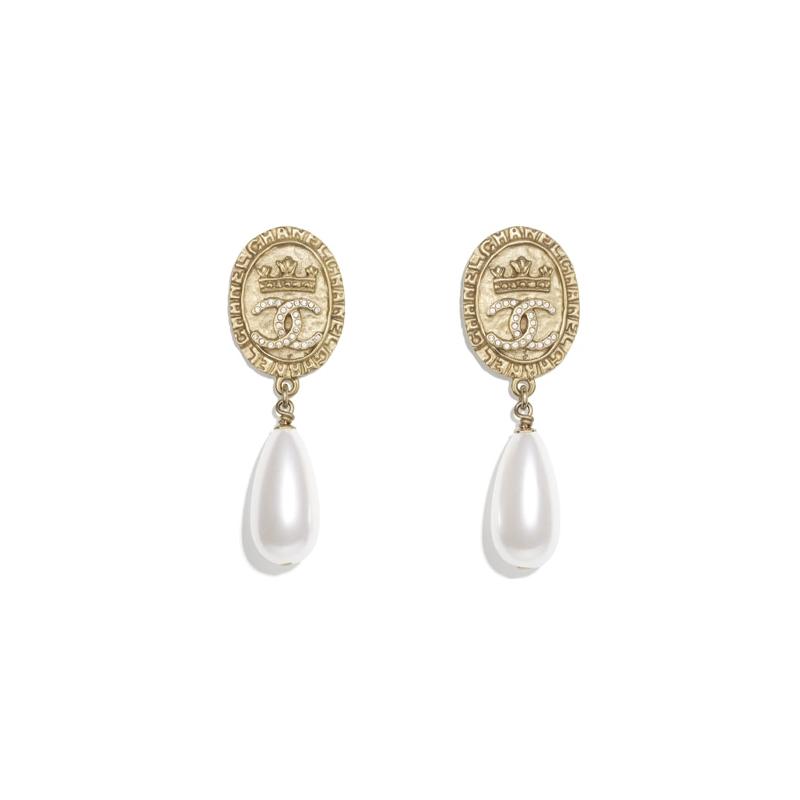 CHANEL Metal Artificial Pearl Rhinestone Crystal Gold Coin Style Earrings Women's Gold/Pearl White