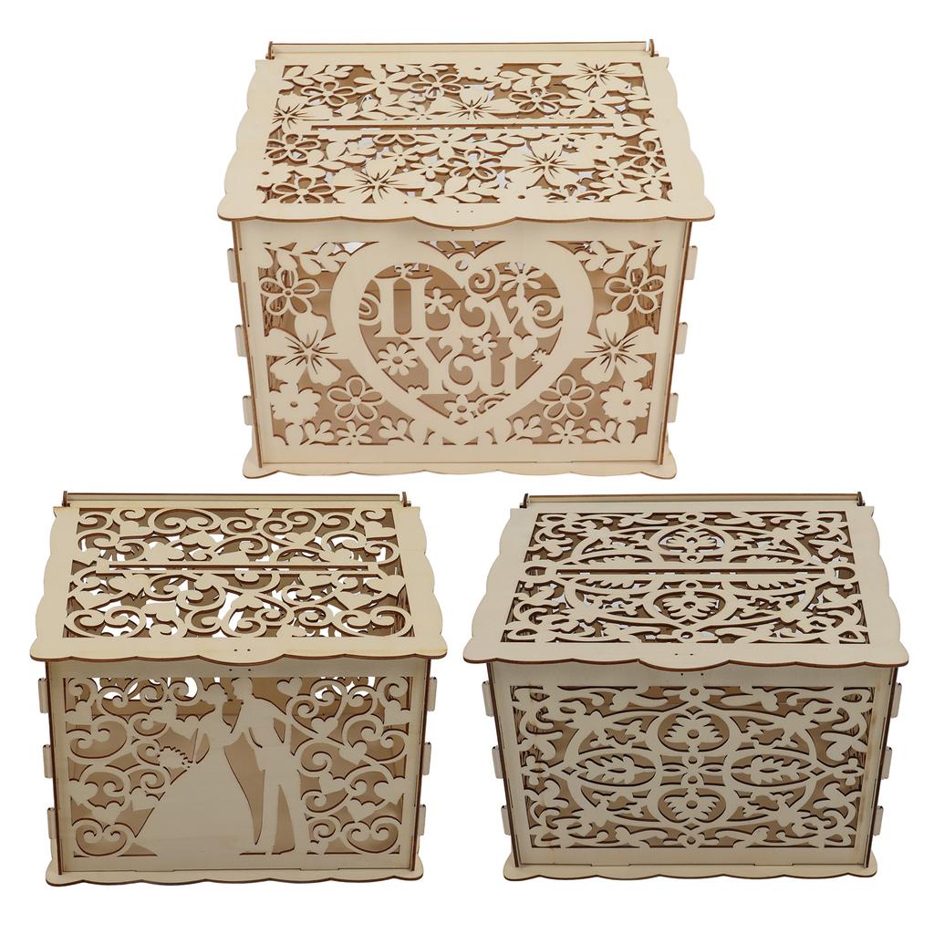 DIY Hollow Wooden Box Gift Card Money Case Wedding Reception Decoration Box Easy Assembly