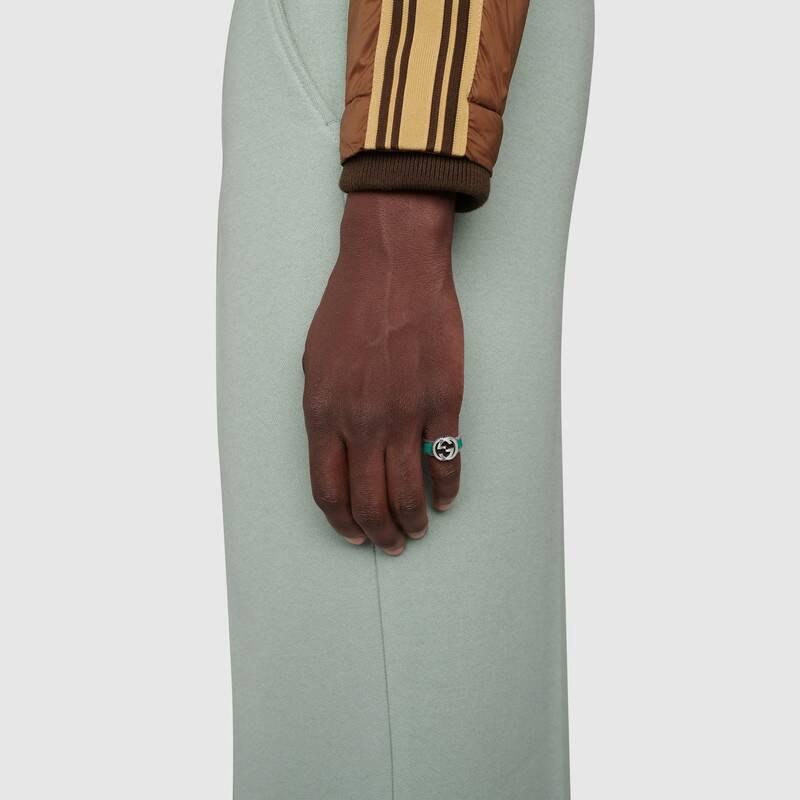 Gucci Кольцо Серия Double G Соединяющиеся Double G Серебряные украшения Блестящее Серебро 925 Пробы Сапфирово-зеленый/Серебряный 11