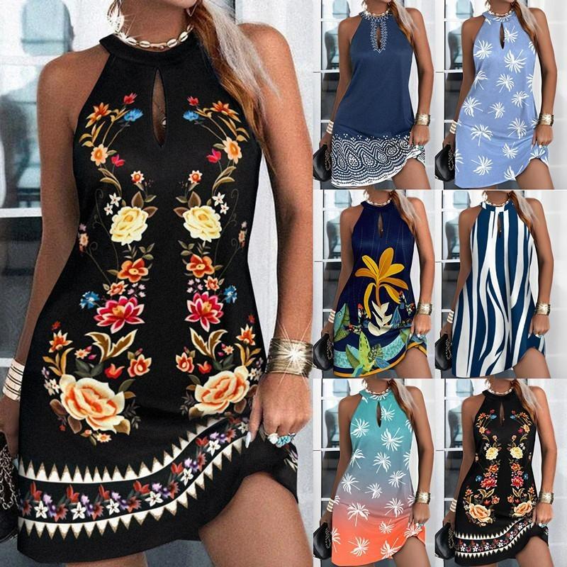 Women's Halter Neck Floral Print Mini Dress Sleeveless Slim Fit Dress