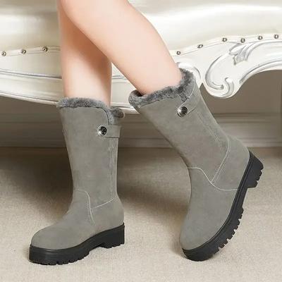 Элегантная женская обувь, большие размеры, теплые женские зимние сапоги на среднем каблуке, дизайнерская роскошная мода, овечья кожа 2024 года, шикарный плюшевый гяру по акции
