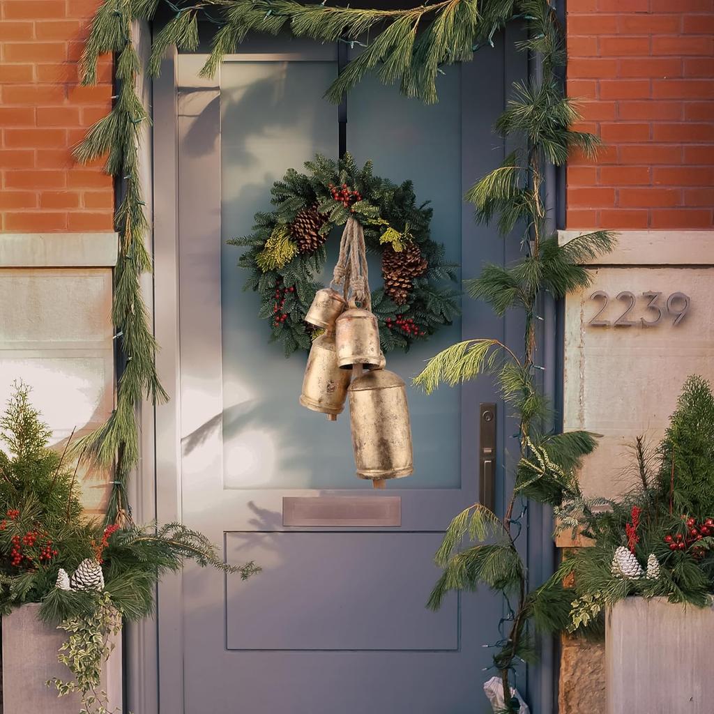 4 Large Rustic Iron Cowbells 4",6",8",10", Handmade Distressed Gold Finish for Farmhouse Christmas Door Decor and Boho Wind Chimes