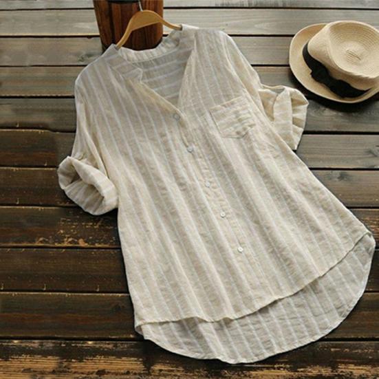 Fashion Women Vertical Stripe V Neck 3/4 Sleeve Button Loose Casual Shirt Blouse