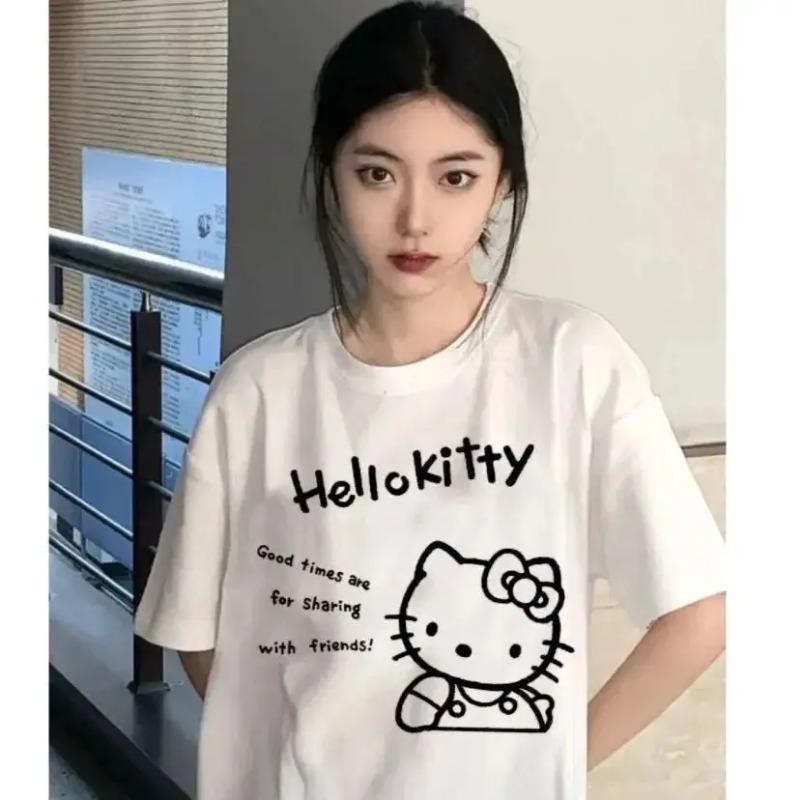 Кавайные Топы Hello Kitty Y2K Корея Хлопок Аниме Милые Летние Свободные Женские Парные Мода Свободная Удобная Хлопковая Футболка Топы