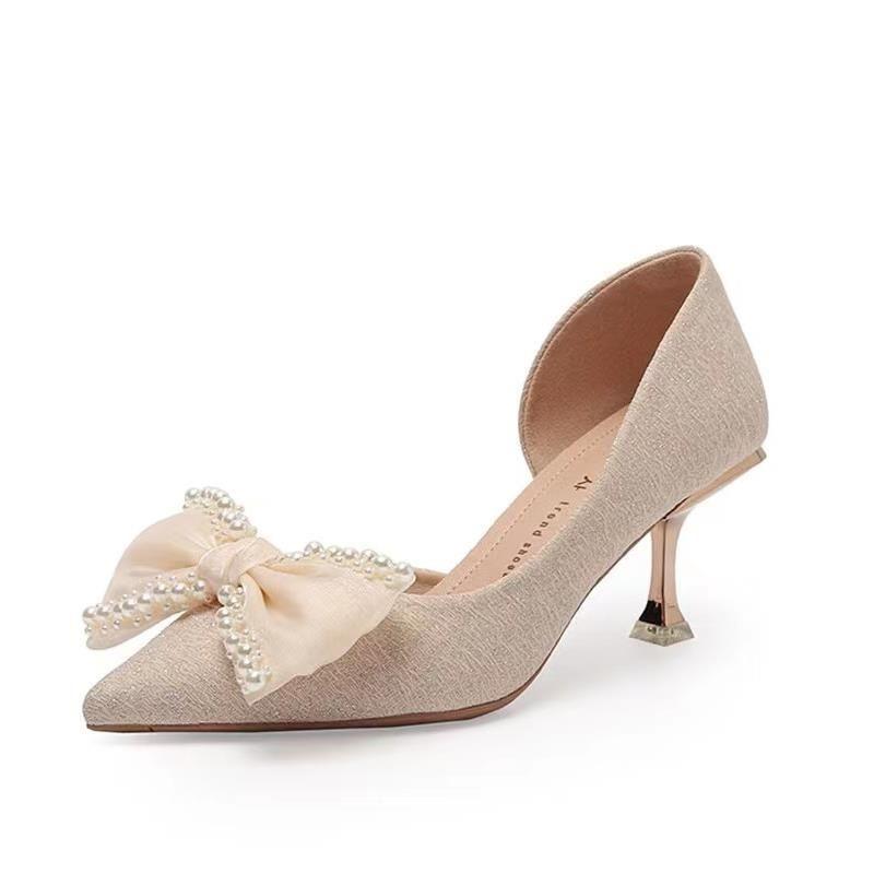 Женские туфли на высоком каблуке 2024 года, весна-лето, новые полые туфли на шпильках с заостренным жемчужинами и бантом, вечерние туфли-лодочки, женские босоножки