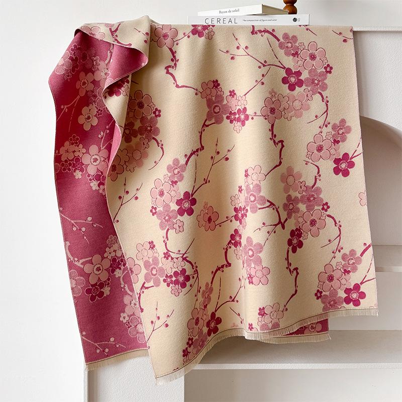 Retro Elegant Plum Blossom Imitation Cashmere Scarf Women'S Thickened Double-Sided Cold Protection Outside With Winter Shawl Office Cape