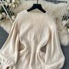 French New Loose Casual Knit Long Dress Women Solid Elastic Waist Lantern Sleeve O Neck Ladies Fashion Winter Sweater Dresses