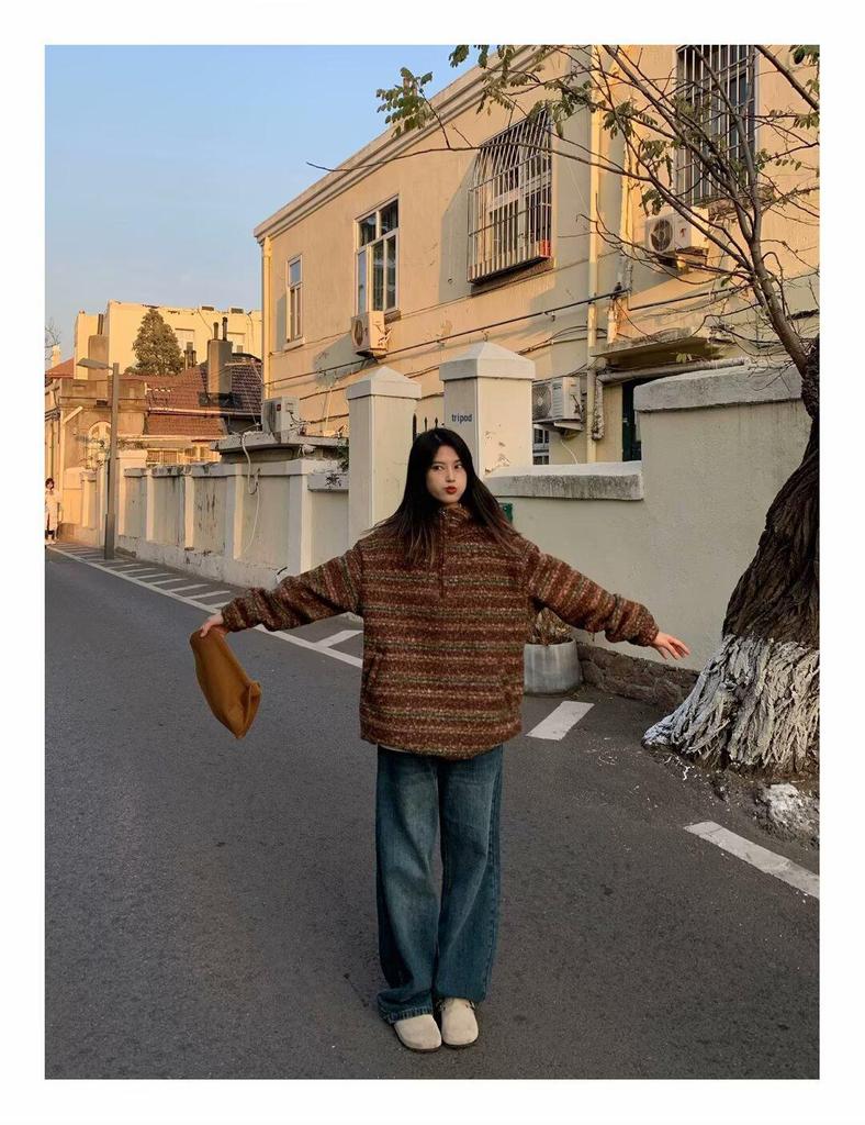 Men's Oversized Japanese Retro Striped Woolen Half-Zip Hoodie Sweater for Autumn/Winter