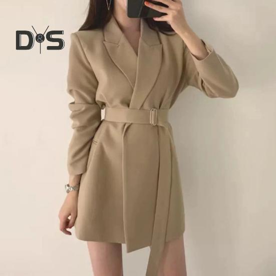 Женский пиджак с лацканами, длинным рукавом, поясом, пиджаком с боковыми карманами, однотонный, свободный крой, офисная женская верхняя одежда