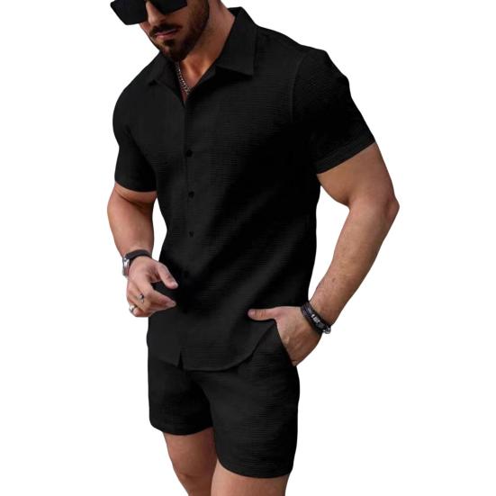 2 шт./комплект мужской наряд рубашка с коротким рукавом и лацканами топы эластичный шнурок на талии карманы шорты комплект однотонный пляжный наряд