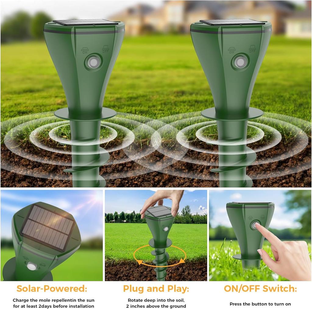 Отпугиватель кротов на солнечных батареях, обновление 2024 года, водонепроницаемый отпугиватель сусликов, полевок для газона, сада, двора, отпугиватель крыс, белок, скунсов, кротов, 4 шт. в упаковке