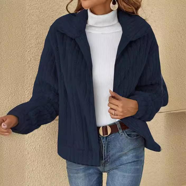 QICED Женская осенне-зимняя плюшевая кардиганная куртка с воротником-поло в полоску