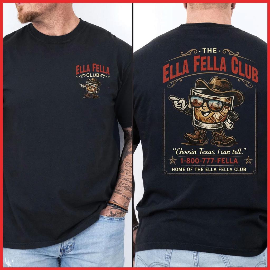 Ella Fella Club Cowboy Whiskey Western Country Concert Black Cotton T-Shirt