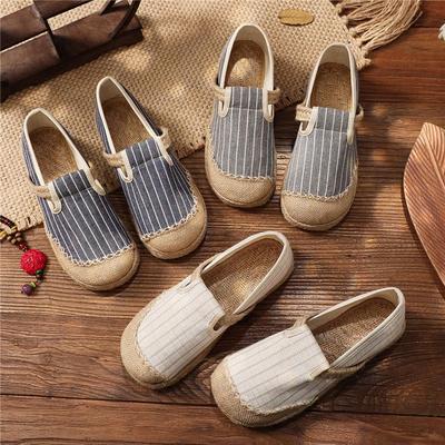Трендовые женские слипоны 2025: Весна и Осень Вертикальная Полоска Хлопок-Лен, Стиль Колледжа, Круглый Носок Пеньковый Дизайн
