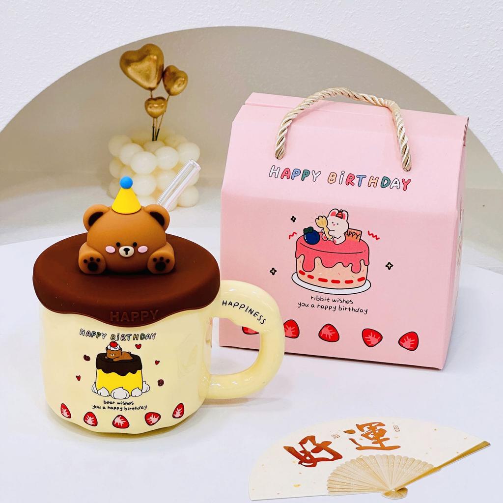 Mug Cute Cup with Lid Ceramic Breakfast Couple Coffee Cup Girl Creative Office Water Cup Straw Cup