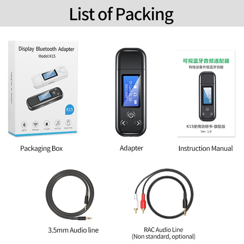 VAORLO ЖК-дисплей Bluetooth 5.0 Аудио передатчик Приемник USB 3,5 мм Стерео музыка Беспроводной адаптер 2-в-1 Plug and Play TF Card Play для наушников