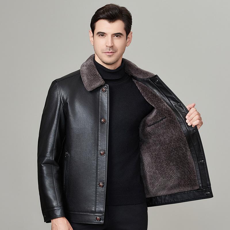 Genuine Leather Jacket for Men with Velvet and Thickened Sheep Fur One-piece Daddy Lapel Leather Jacket