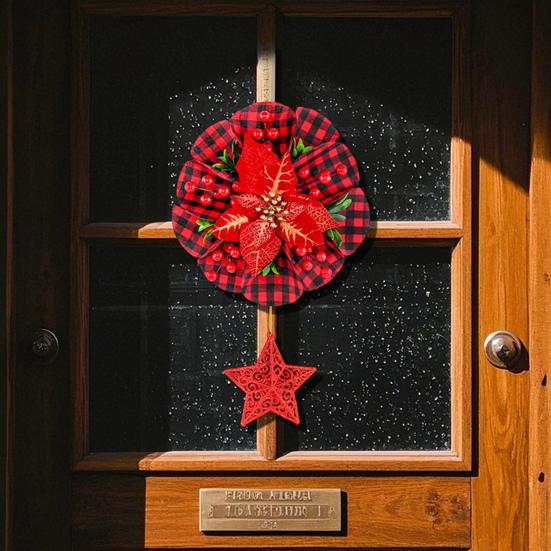 Christmas Wreath Decoration Red Artificial Poinsettias Buffalo Plaid Wreath With Star/Tree Ornament