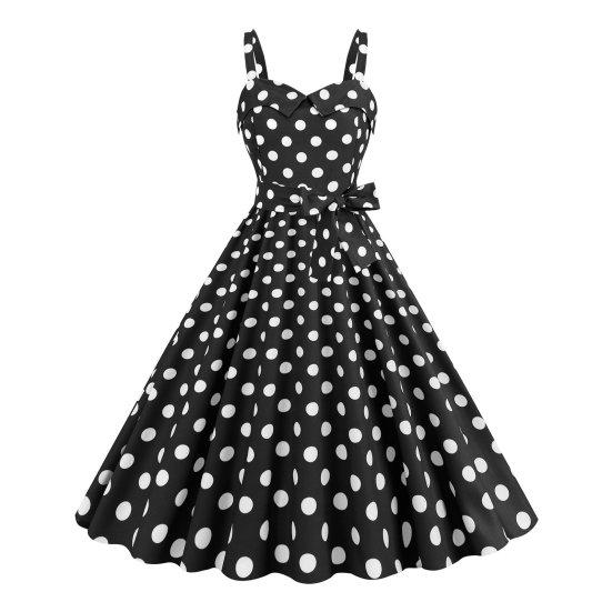 Women Vintage Dress 50s Retro A-line Big Swing Sleeveless Dot Print Contrast Color Elastic Bust High Tight Waist Backless