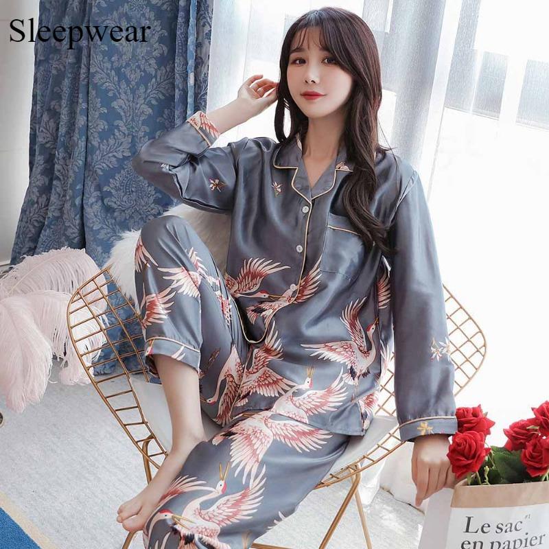 Home Ice Silk Pajamas Female Spring and Autumn Crane Long Sleeve Casual Comfortable Long Sleeve Cardigan Large Size 200 Catties Can Wear Pajamas Set