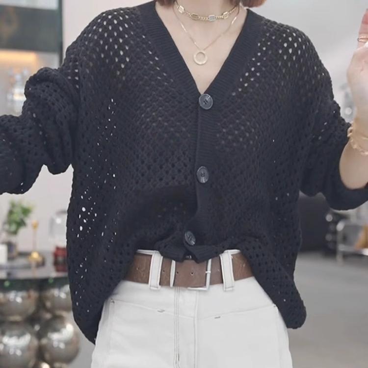 Spring/Summer Single Breasted Sunscreen Loose Air Conditioning Sweater V-neck Hollow Knitted Cardigan for Women