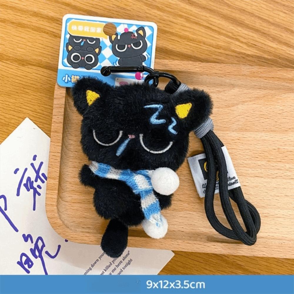 Stripe Scarf Black Cat Plush Keychain Soft Car Key Ring Doll Bag Pendant  School Bag Decoration