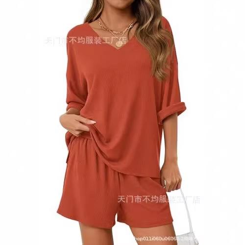 Women's sports and leisure suit Spring and summer European and American women's clothing new seven-quarter-sleeved shorts two-piece set