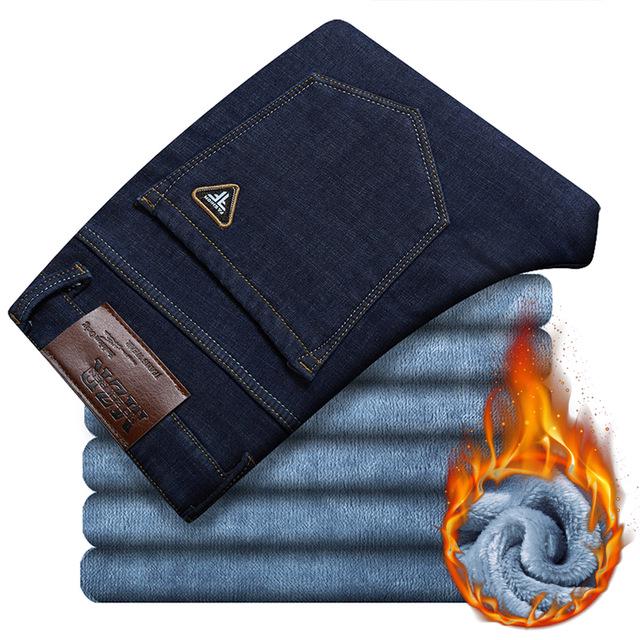 Мужские зимние теплые джинсы больших размеров, деловые повседневные прямые свободные брюки, мужские брендовые брюки