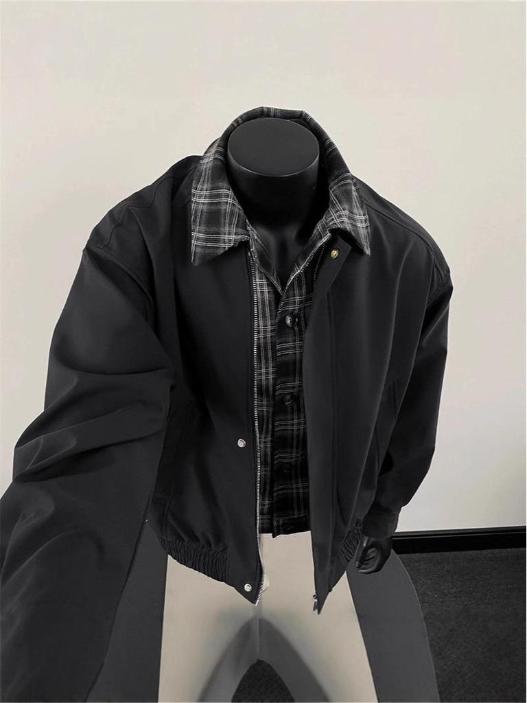 American Streetwear Trendy Patchwork Color Block Couple Autumn Padded Lapel Jacket