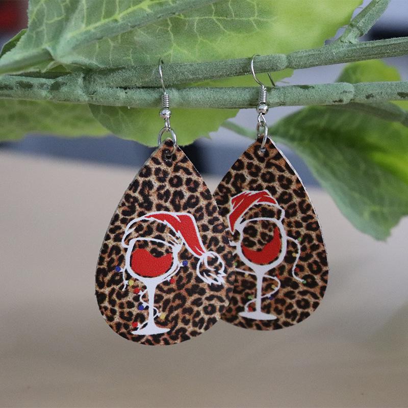 European and American Christmas Leopard Print Leather Wine Glass Teardrop Earrings