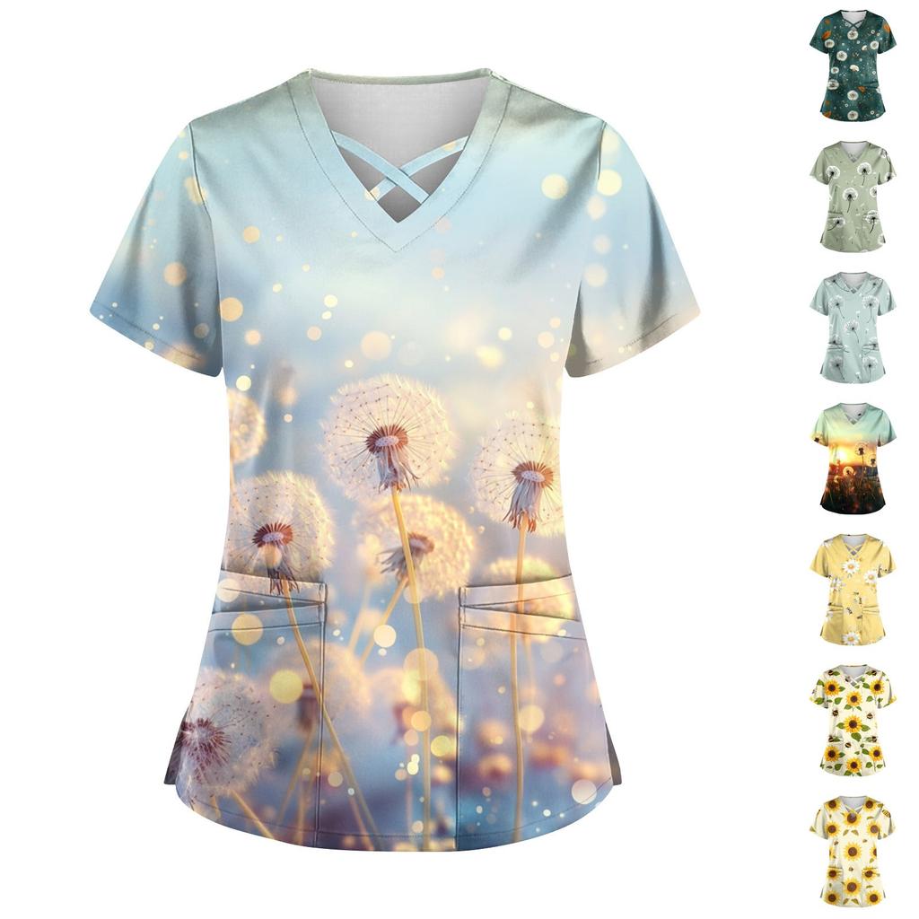 Women's Short Sleeve Stagger V Neck Print Pocket Dry-nurse Top