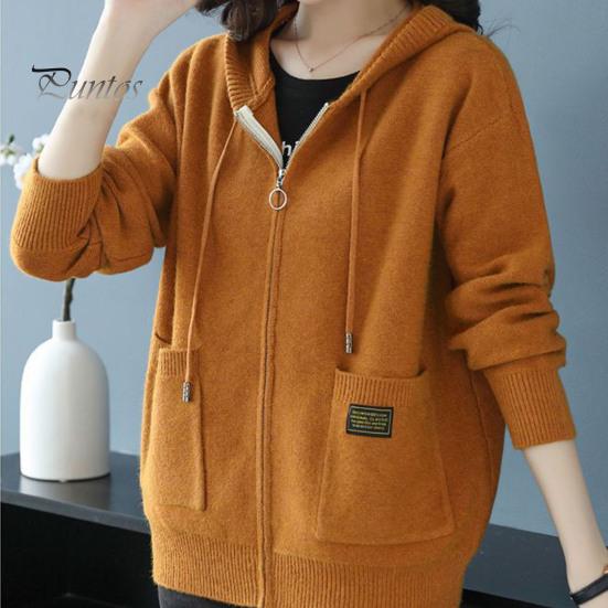 Осень-зима Женское пальто с капюшоном, завязками, длинными рукавами, карманами, плотный, сохраняющий тепло, однотонный кардиган на молнии, повседневная трикотажная куртка