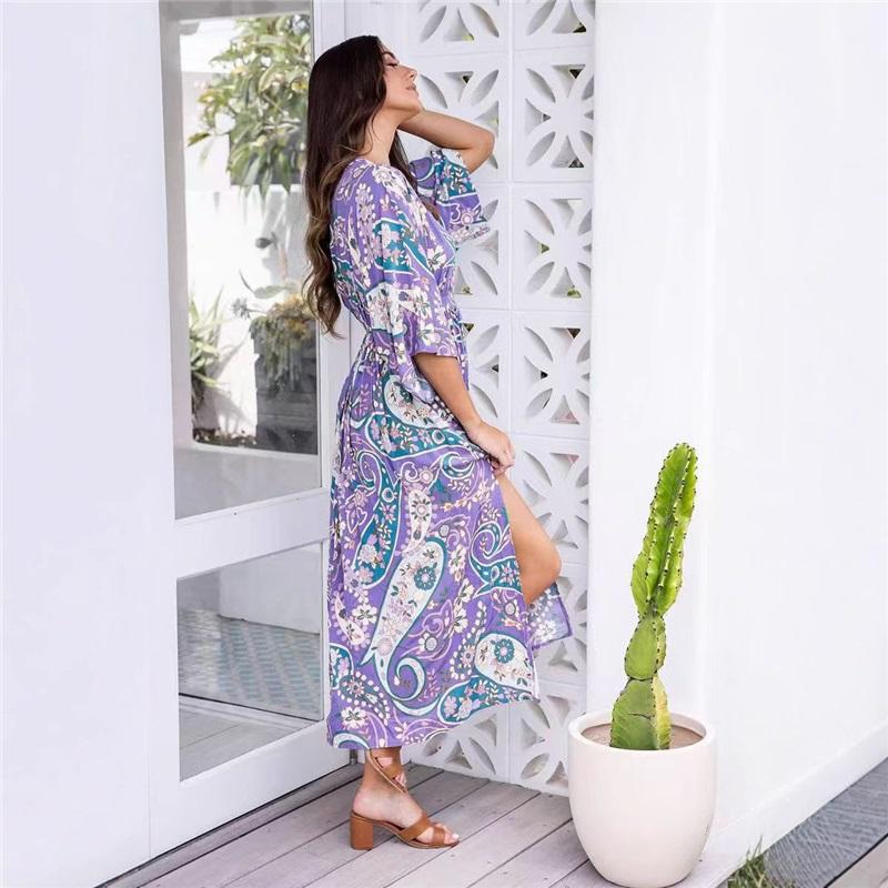 Европейский и американский стиль летнее женское новое платье без рукавов с длинной юбкой V-образным вырезом разрезом для пляжного отдыха свободное с принтом