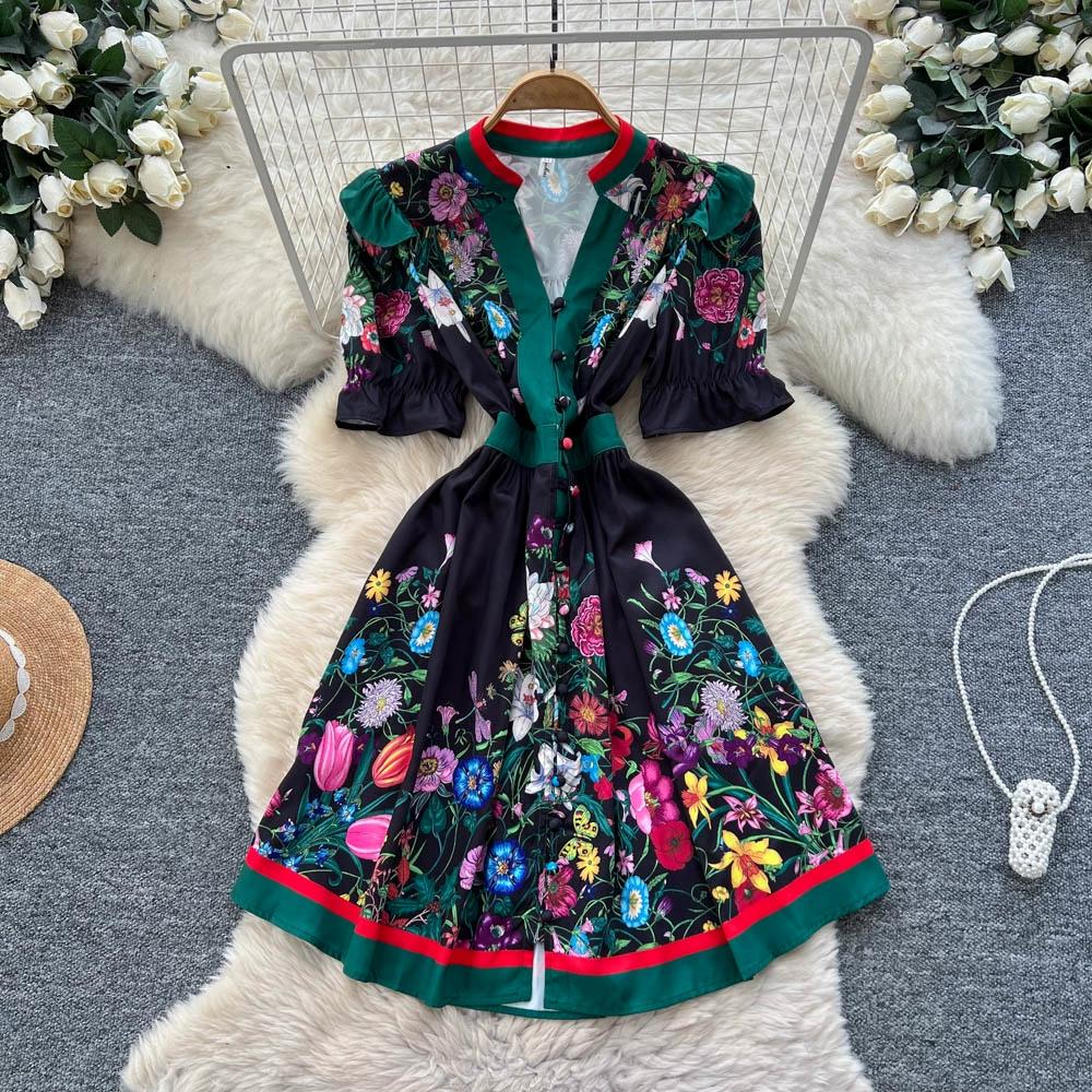 Летние женские платья с винтажным принтом, подиумные, с V-образным вырезом, на одной пуговице, мини, короткое, для вечеринки