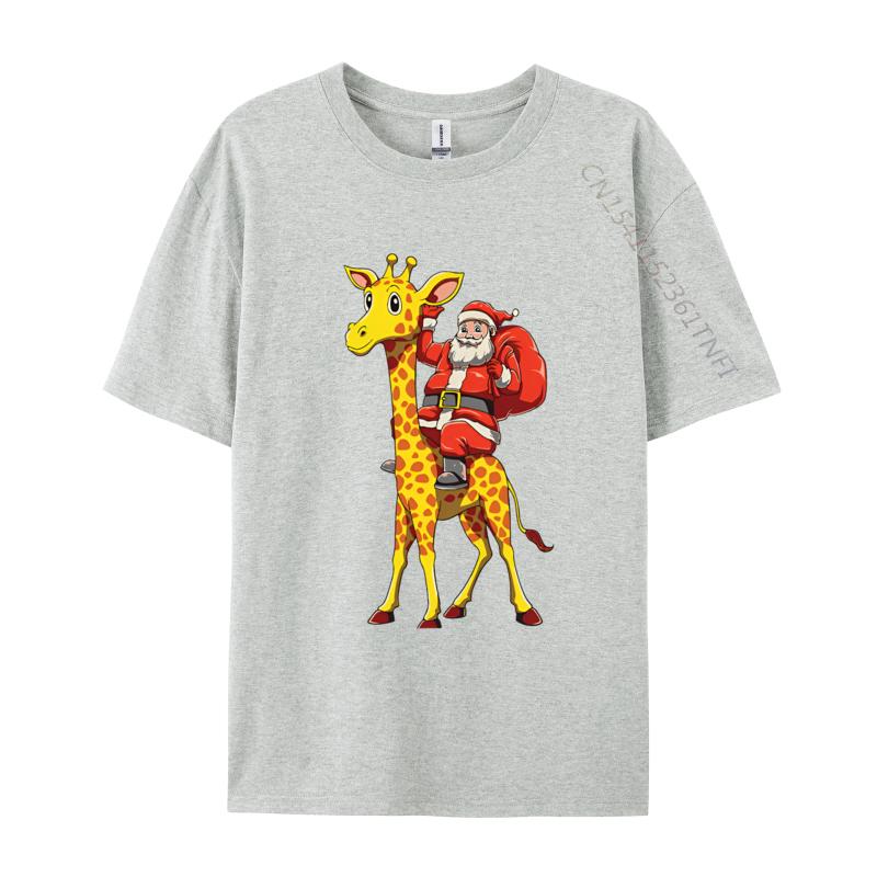 Santa Riding Giraffe Christmas Giraffe TShirt Print Tshirts for Unisex Camisa Cotton Tshirts Cream T Shirt