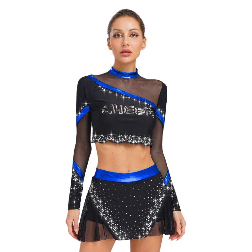Womens Cheerleading Costume Set Long Sleeve Rhinestone Crop Top Matching Dance Skirt Performance Outfit