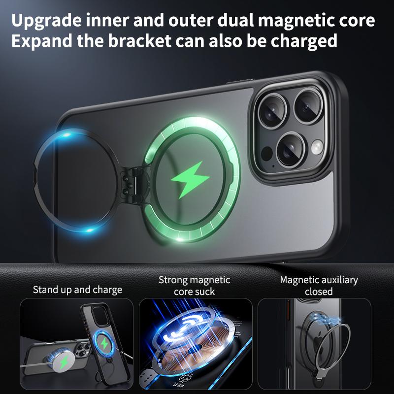 KEYSION Прозрачный матовый чехол для MagSafe для iPhone 16 Pro Max с вращающимся на 360 ° магнитным кольцом-подставкой, противоударная задняя крышка для телефона