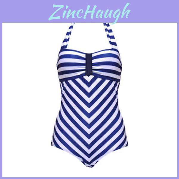 Elegant Plus Size Racy Black Halter Low Cut Beachsuit For Striped Swimwear Women