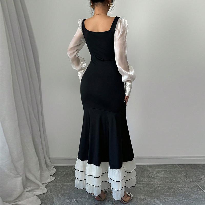 Весна Осень элегантное вечернее платье для вечеринки женская мода контрастная сетка с оборками женское платье макси повседневное облегающее платье